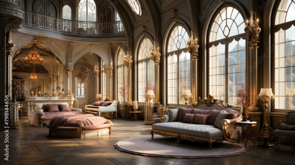 b'Ornate bedroom with two beds and a sofa'