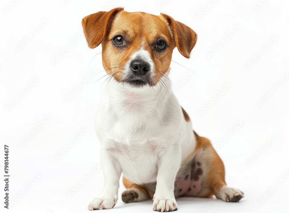 A cute brown and white Jack Russell Terrier dog is sitting down A cute brown and white Jack Russell Terrier dog is sitting down