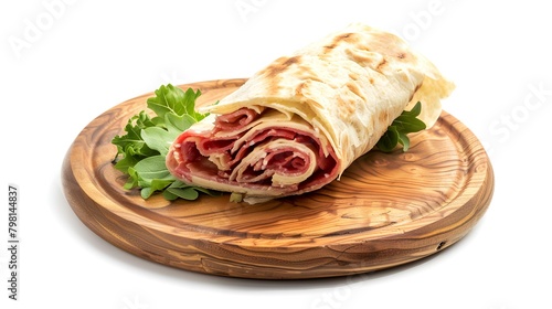 Tortilla wraps with ham, cheese, and spinach on a wooden board