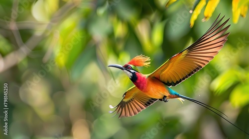 A brightly colored bird is flying through the air, with its wings spread wide. The bird has blue, green, yellow, and orange feathers, and there are green leaves in the background.