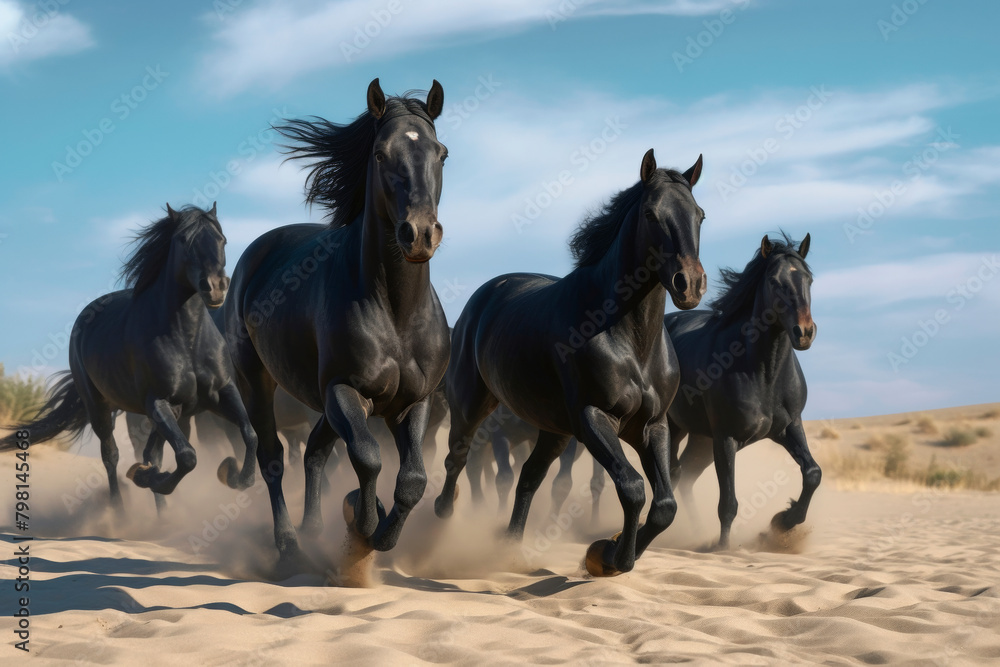 Obraz premium A small herd of free wild black horses running on loose sand in the desert against a cloudy sky.