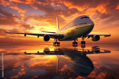 b'airplane landing on runway at sunset with reflection on water'