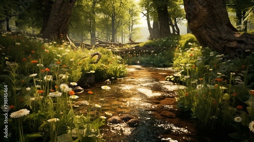 b'Small river flowing through a dense forest with many flowers on the banks'
