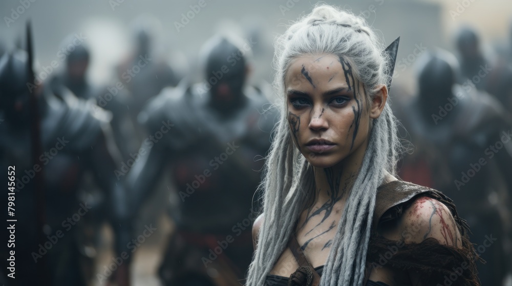a woman with white hair and a pointy pointed blade in front of a group of people