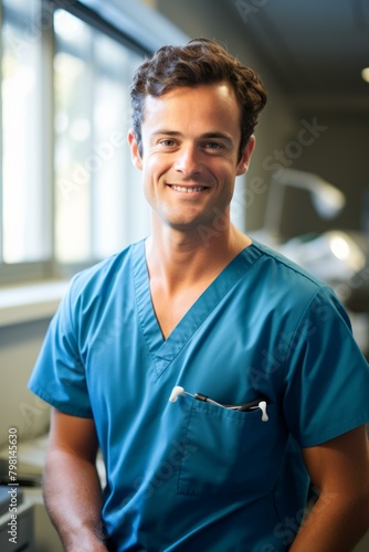 b'Portrait of a smiling young male doctor in blue scrubs'