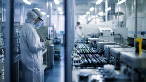 Technician in clean suit working in a semiconductor manufacturing facility. High technology and precision industry concept.