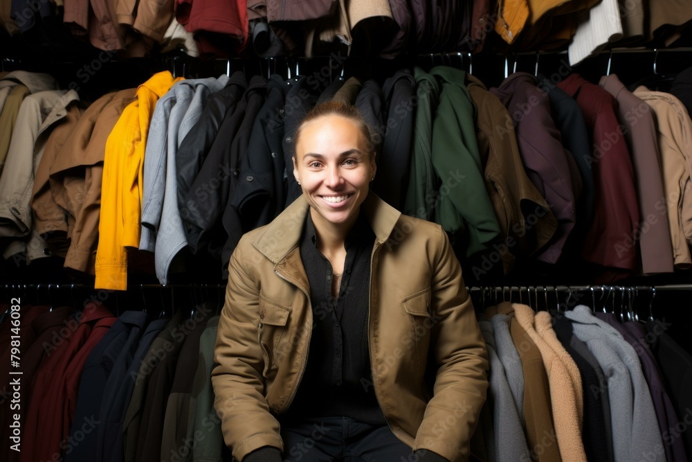 Fototapeta premium b'Smiling woman in a brown jacket poses in front of a rack of clothes.'