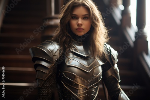 a woman in a armor