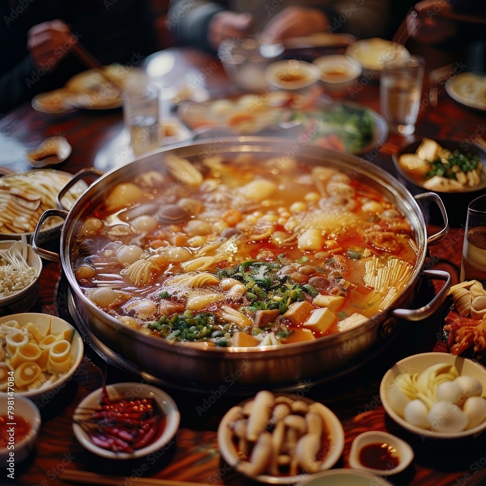 A large hot pot is filled with a variety of ingredients, including meat, vegetables, and noodles A large hot pot is filled with a variety of ingredients, including meat, vegetables, and noodles