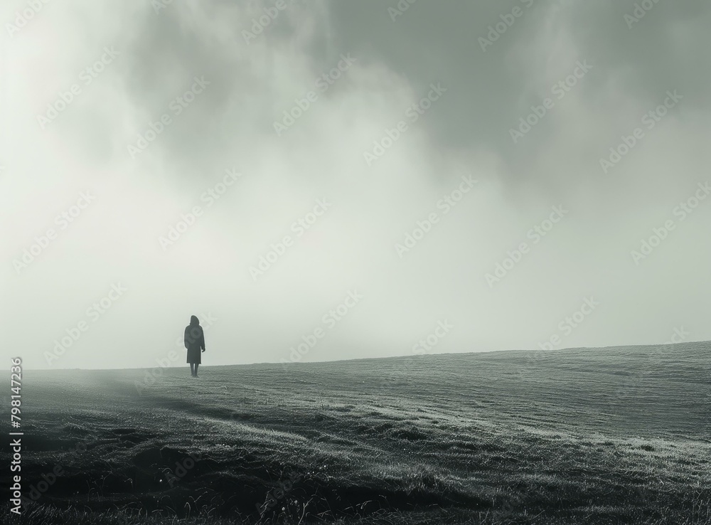 b'A Solitary Figure Stands on a Grassy Hilltop Overlooking a Foggy Landscape'