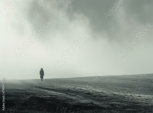 b'A Solitary Figure Stands on a Grassy Hilltop Overlooking a Foggy Landscape'