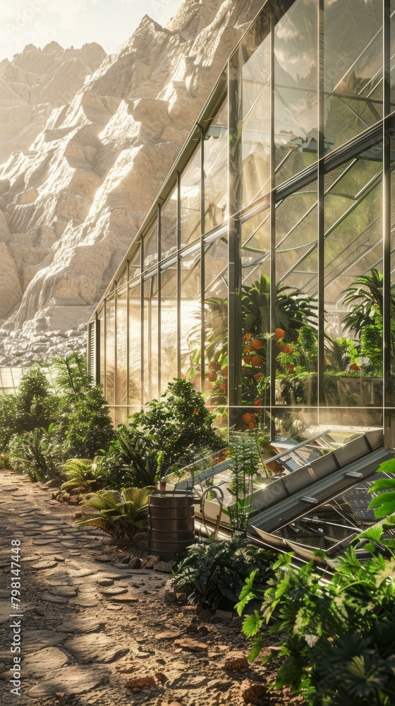 b'futuristic greenhouse in the mountains'