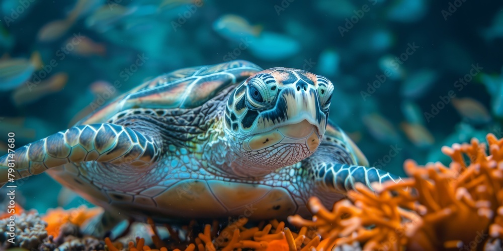Fototapeta premium b'A closeup photo of a sea turtle resting on a coral reef'
