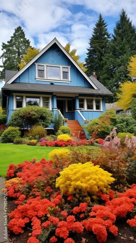 b'Colorful flowers in front of a blue house'