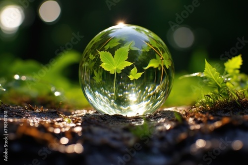 a glass ball with leaves inside