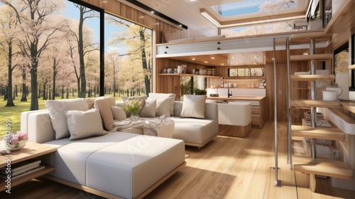 b'The interior of a modern tiny house with a living room, kitchen, and bedroom'