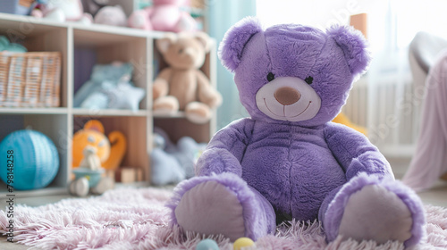 A cuddly purple teddy bear sitting on a fluffy rug in a nursery surrounded by a collection of soft plush toys