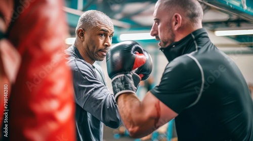 Two people practicing boxing in a gym. Close-up shot focused on a trainer holding punching mitts for a trainee © AIS Studio