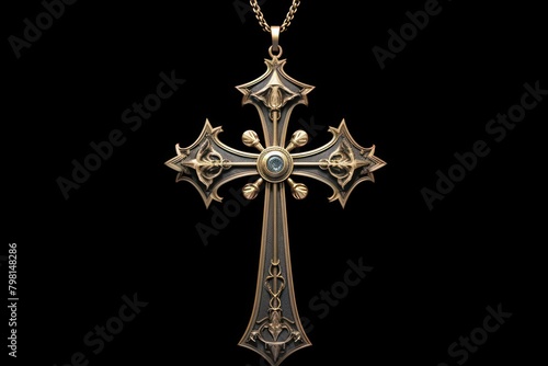 a gold and black cross with a blue gem