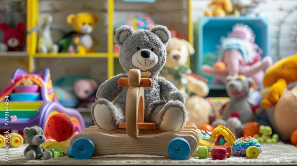 Teddy bear sitting on a wooden toy car in a room full of toys.
