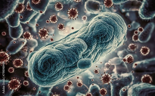 3D illustration of a green stick bacteria in close-up with gray background, other viruses