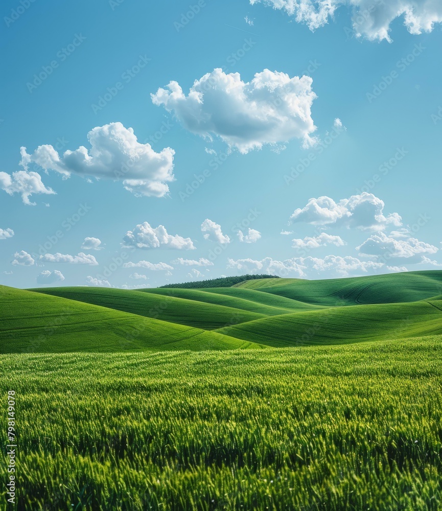 b'Green rolling hills under blue sky and white clouds' b'Green rolling hills under blue sky and white clouds'