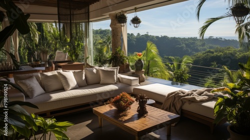 b'Modern living room with large windows overlooking a tropical landscape'