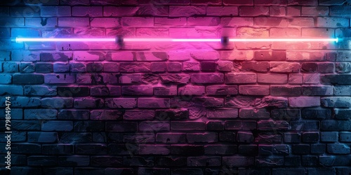 Blue and pink neon lights on a brick wall