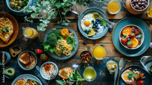b'A delicious and healthy breakfast or brunch table spread with various food items'