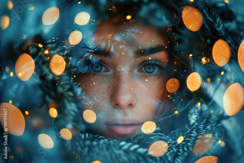 Winter wonder with bokeh lights and a woman's face. Double exposure of a female gaze with festive garland and fir branches