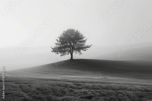 b'A Solitary Tree on a Hilltop in the Fog'