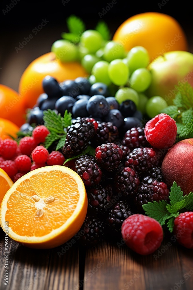 b'An assortment of fresh fruits including grapes, apples, oranges, blueberries, raspberries, and blackberries' b'An assortment of fresh fruits including grapes, apples, oranges, blueberries, raspberries, and blackberries'