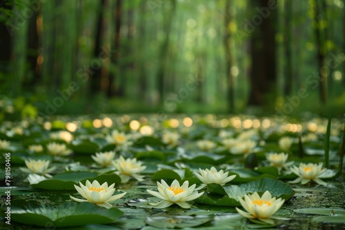 White water lilies in a pond surrounded by a green forest photo