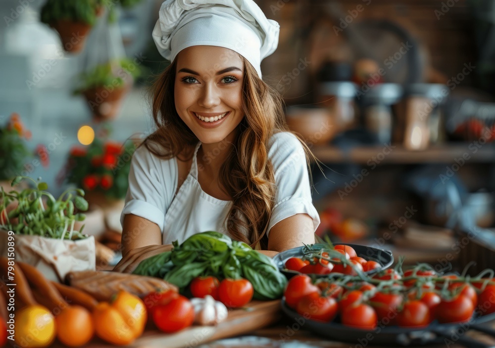 b'Portrait of a beautiful young female chef smiling in a kitchen' b'Portrait of a beautiful young female chef smiling in a kitchen'
