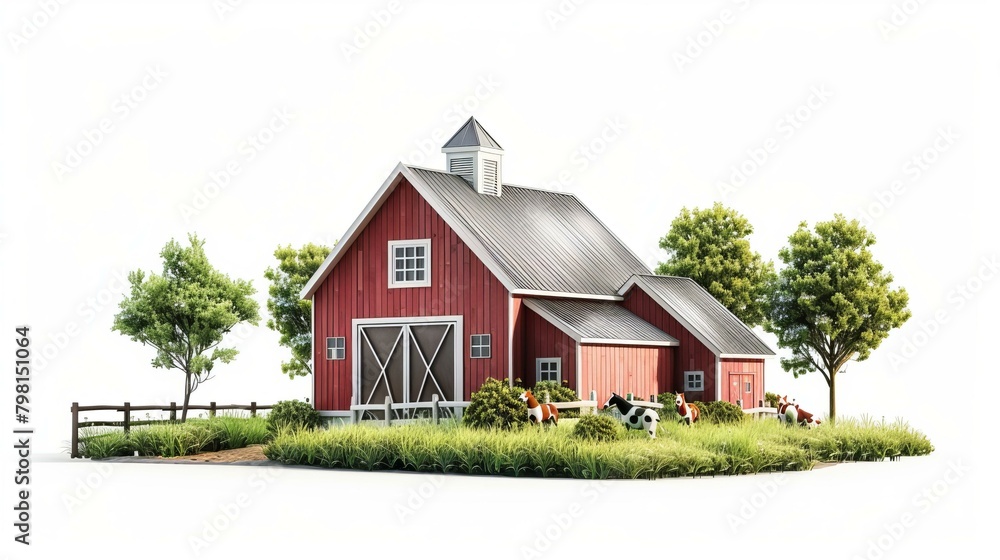 b'Red barn in a green field with white background'