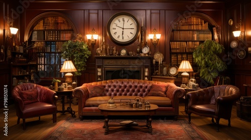 b'luxurious vintage library with leather furniture' photo