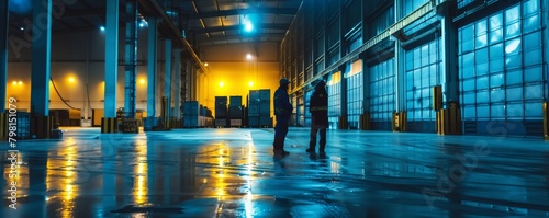 Warehouse interior with reflective floor and workers during night shift. Industrial workplace and logistics concept photo