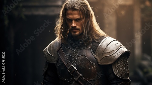a man in armor with long hair photo