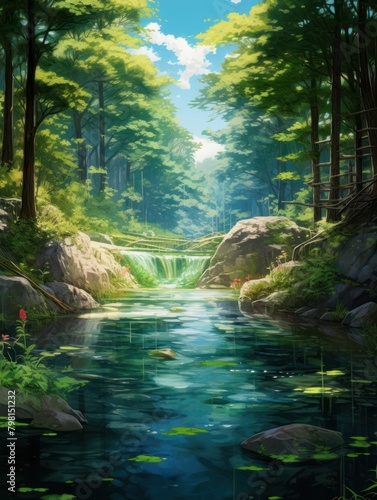 a river with a waterfall in the middle of a forest