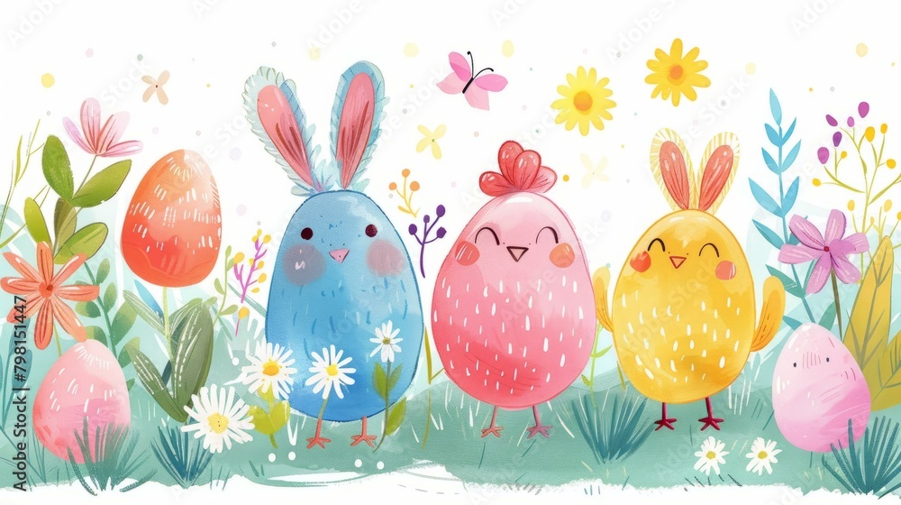 b'Three happy cartoon birds with bunny ears celebrating Easter' b'Three happy cartoon birds with bunny ears celebrating Easter'