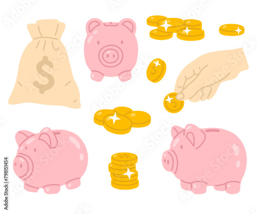 Vector illustration money and piggybank set for digital stamp,greeting card,sticker,icon, design