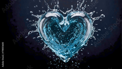 High Quality natural water splashes into shape of a heart on a black background