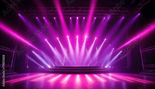A large stage with a bright, colorful lighting display. The stage is illuminated with vibrant pink and purple lights, creating a dramatic and energetic atmosphere. The background is dark