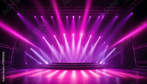 A large stage with a bright, colorful lighting display. The stage is illuminated with vibrant pink and purple lights, creating a dramatic and energetic atmosphere. The background is dark © Studio One