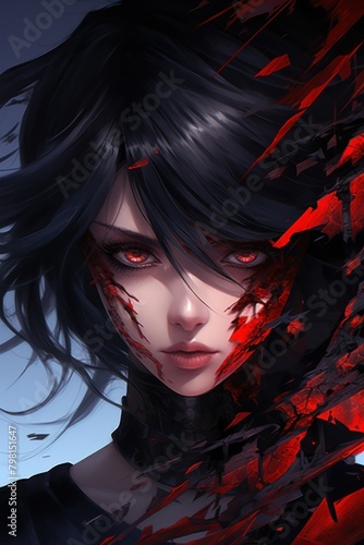 a woman with red eyes and black hair