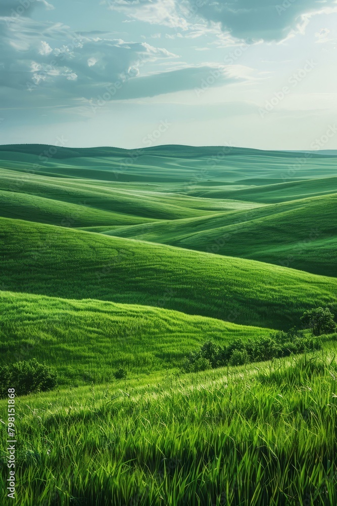 b'Green rolling hills under blue sky and white clouds'