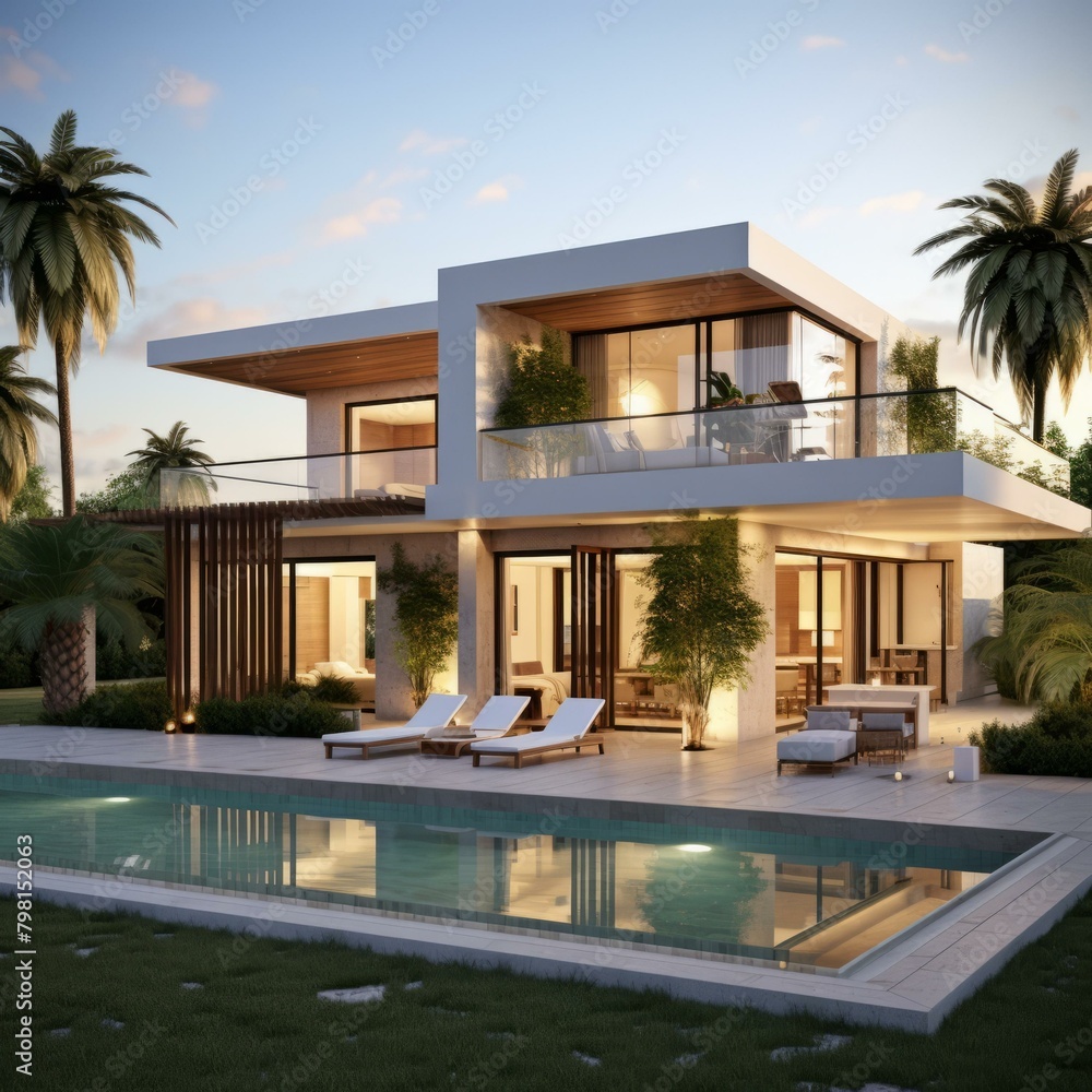 b'A stunning modern villa with a pool and palm trees'