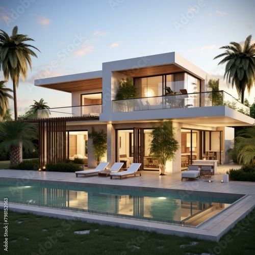 b'A stunning modern villa with a pool and palm trees' © duyina1990