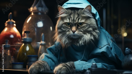 b A cat wearing a blue raincoat is sitting in a laboratory 