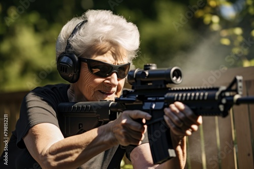 a woman aiming a gun